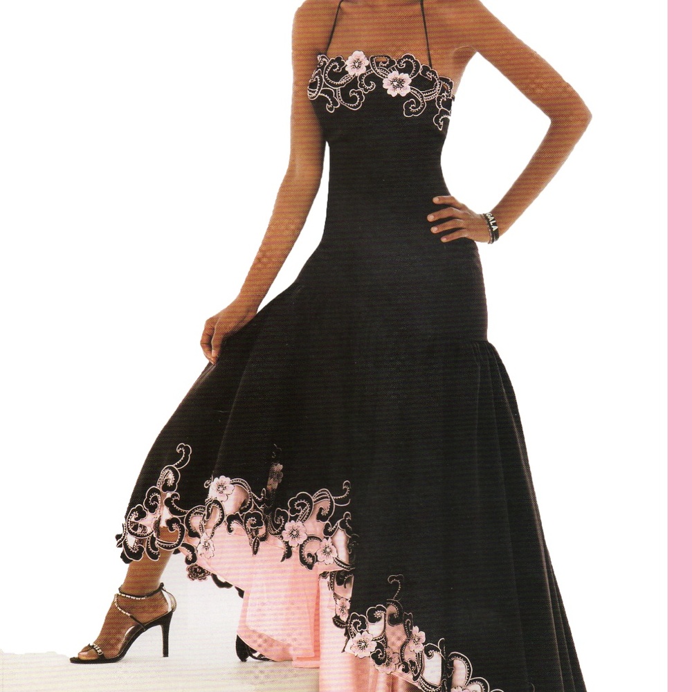 Le Gala Black and Pink Flower Satin Gown